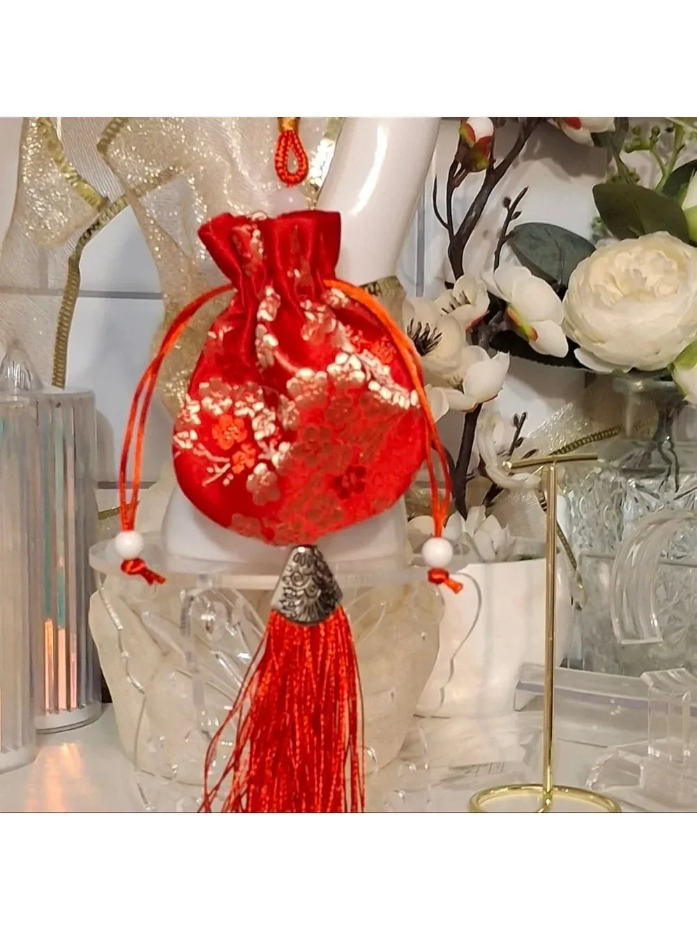 Red Silky Drawstring Pouch with Tassel Set Of 3 New Jewelry Gifts